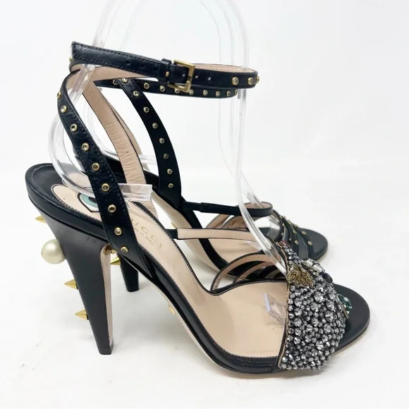 GUCCI WANGY BLACK LEATHER EMBELLISHED PARTY COCKTAIL SANDALS WOMENS SZ 36.5/6.5 - Picture 7 of 10